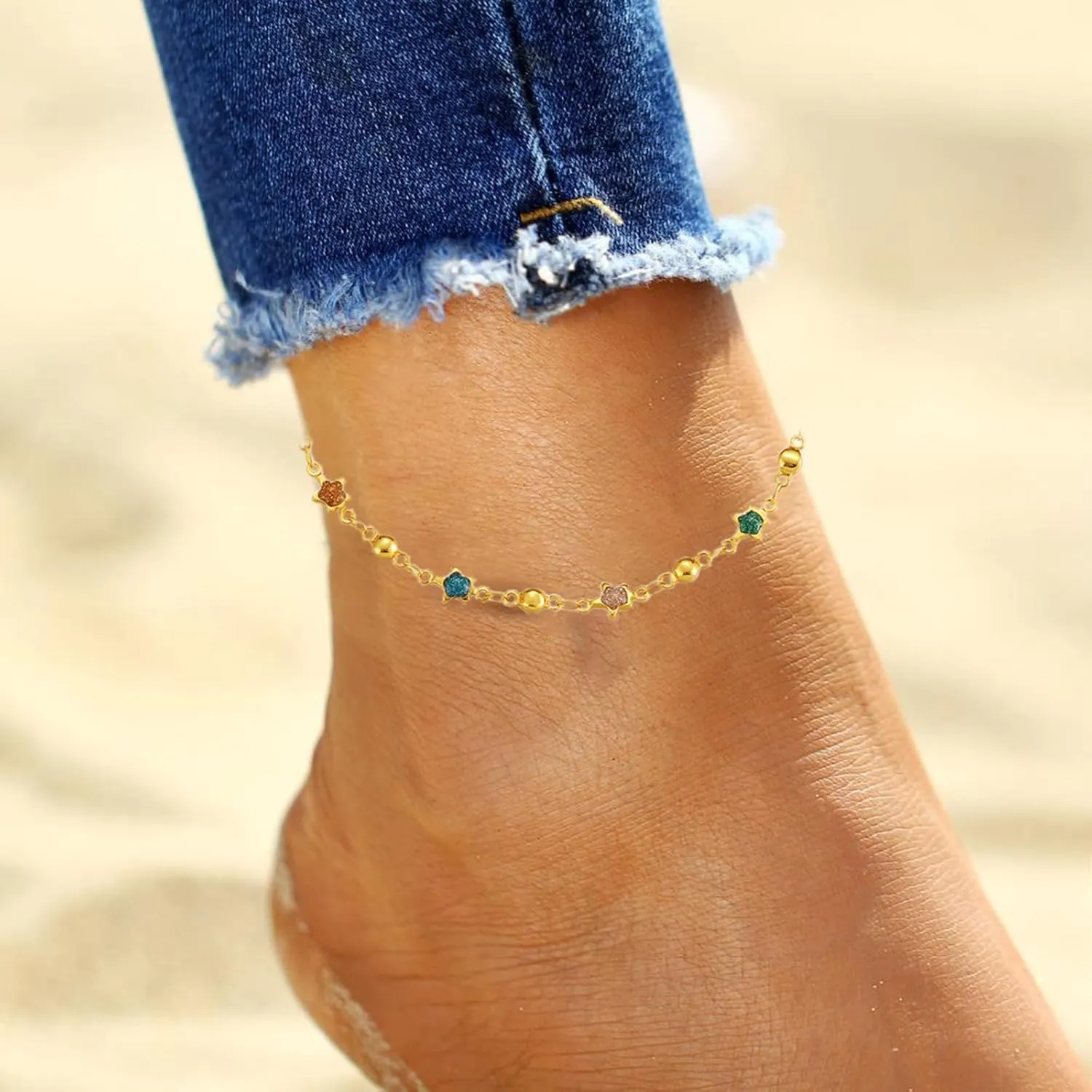 18K Gold Beaded Ankle Bracelets For Women Multi Color Gold Plated Charm Anklets Beaded Bracelets Gift