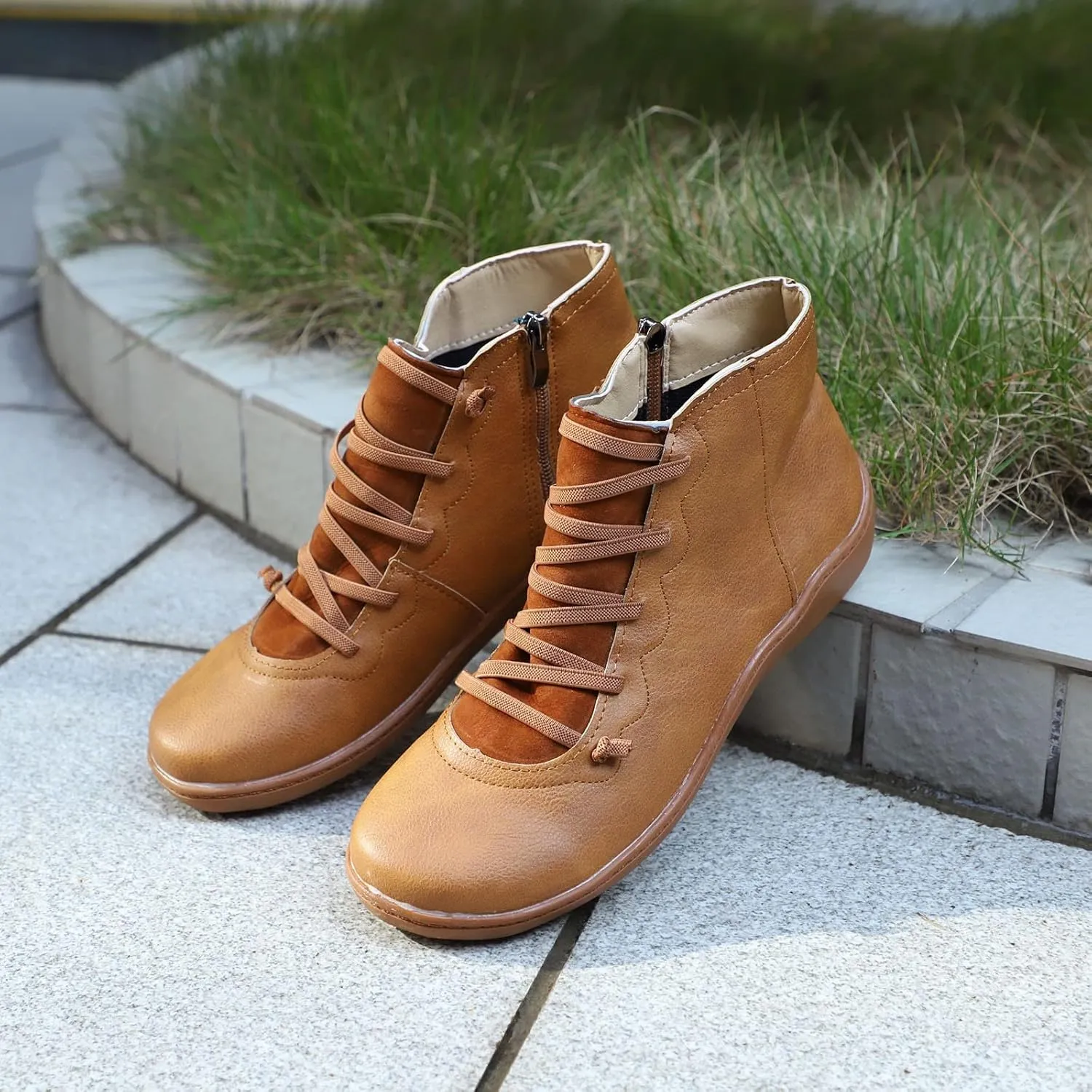 2024 Ankle Boots for Women Side Zip Flat Booties Lace Up Flat Heel Ankle Booties Arch Support Boots for Ladies