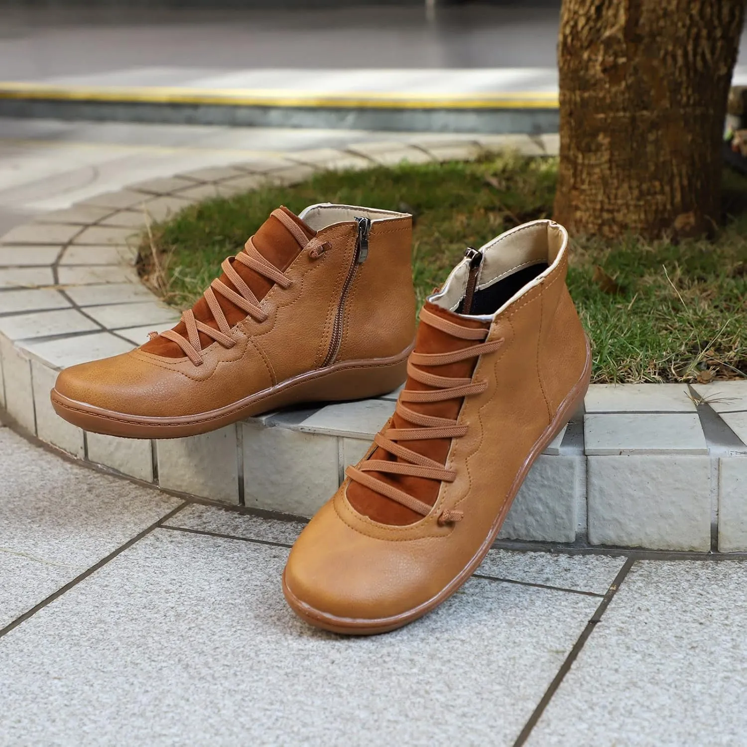 2024 Ankle Boots for Women Side Zip Flat Booties Lace Up Flat Heel Ankle Booties Arch Support Boots for Ladies