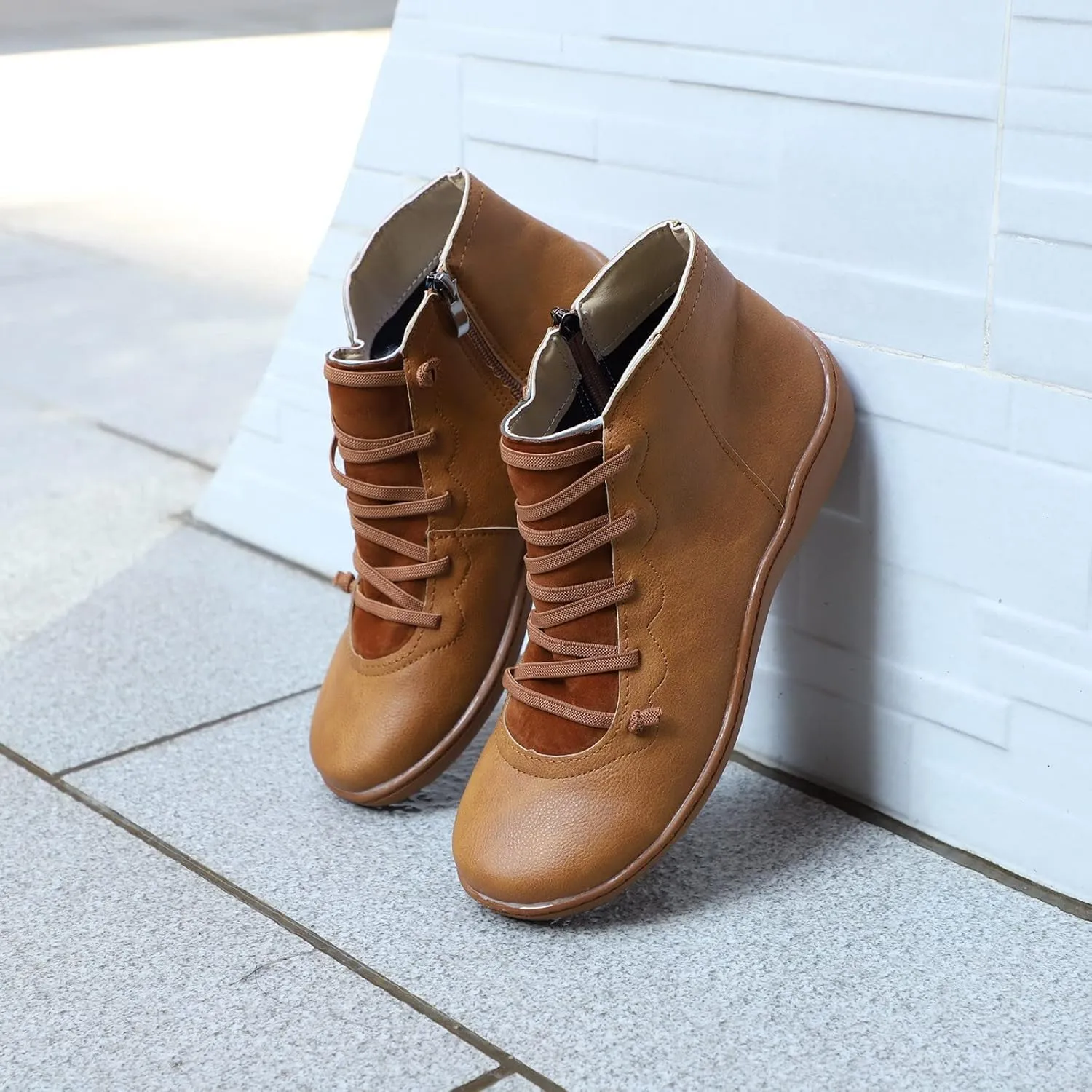 2024 Ankle Boots for Women Side Zip Flat Booties Lace Up Flat Heel Ankle Booties Arch Support Boots for Ladies