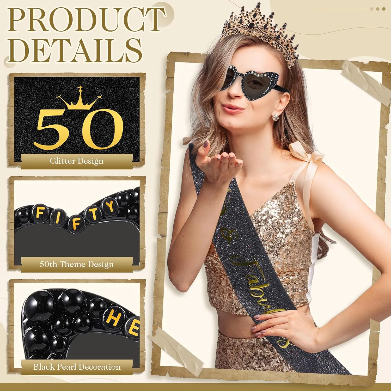 3 Pcs 50th Birthday Decorations for Women, 50th Birthday Sash and Crown Tiara 50 & Fabulous Hello Fifty Sunglasses(Black Gold)