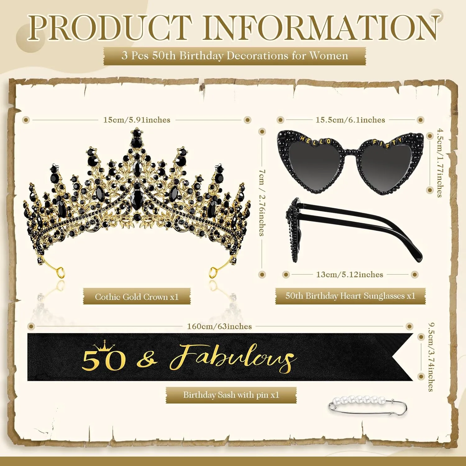 3 Pcs 50th Birthday Decorations for Women, 50th Birthday Sash and Crown Tiara 50 & Fabulous Hello Fifty Sunglasses(Black Gold)