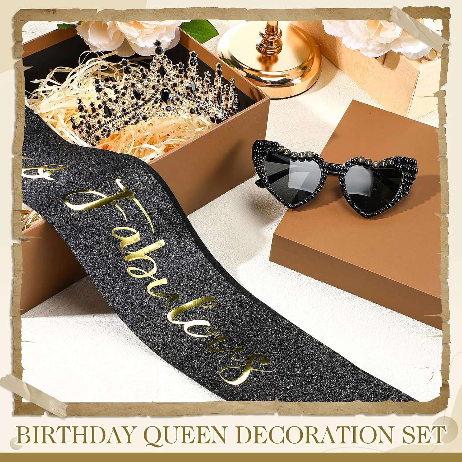3 Pcs 50th Birthday Decorations for Women, 50th Birthday Sash and Crown Tiara 50 & Fabulous Hello Fifty Sunglasses(Black Gold)