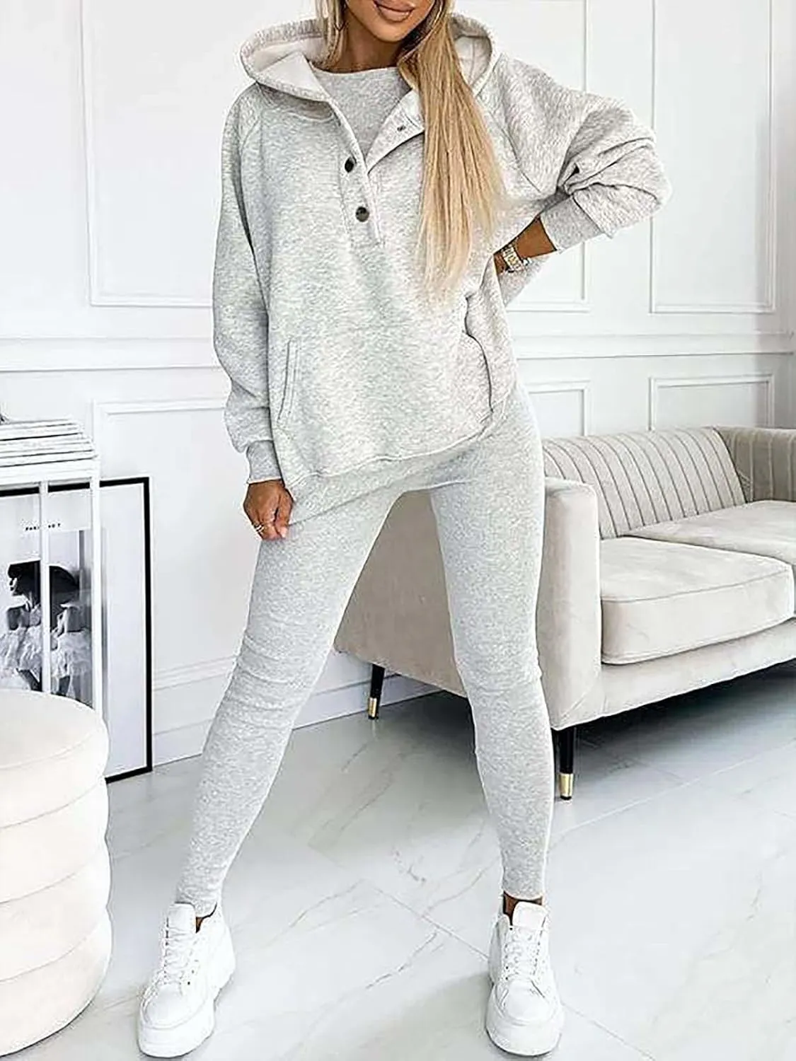 3 Piece Hoodie Set Women, 3 Piece Sweatsuit Cozy & Stylish Sets, Oversized Hooded Casual 3pcs Sweatshirt Suit