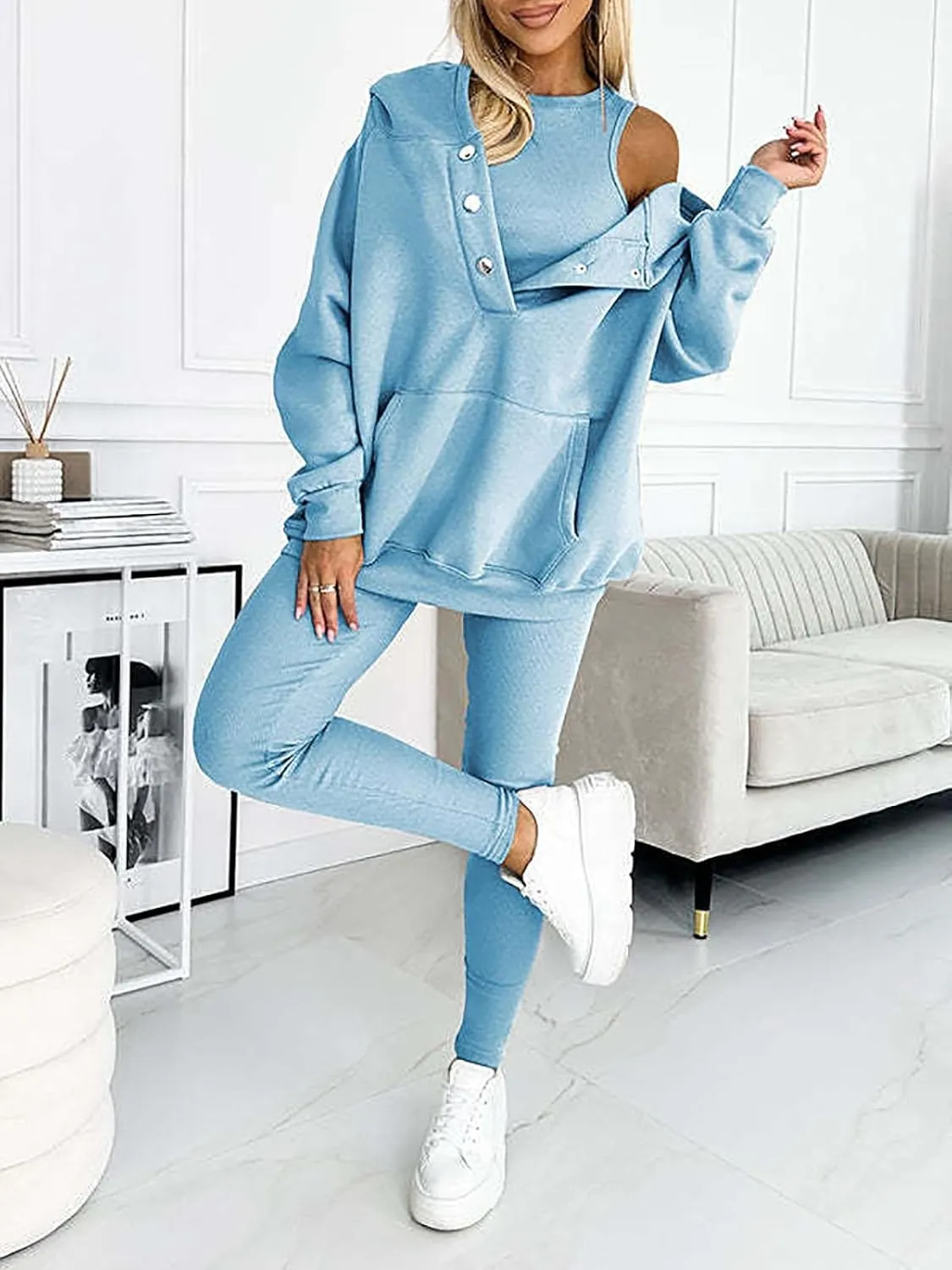 3 Piece Hoodie Set Women, 3 Piece Sweatsuit Cozy & Stylish Sets, Oversized Hooded Casual 3pcs Sweatshirt Suit