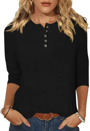 3/4 Length Sleeve Womens Tops Henley Crewneck Button Up T Shirts Dressy Casual Blouse Tunics 2024 Fall Trendy Clothes