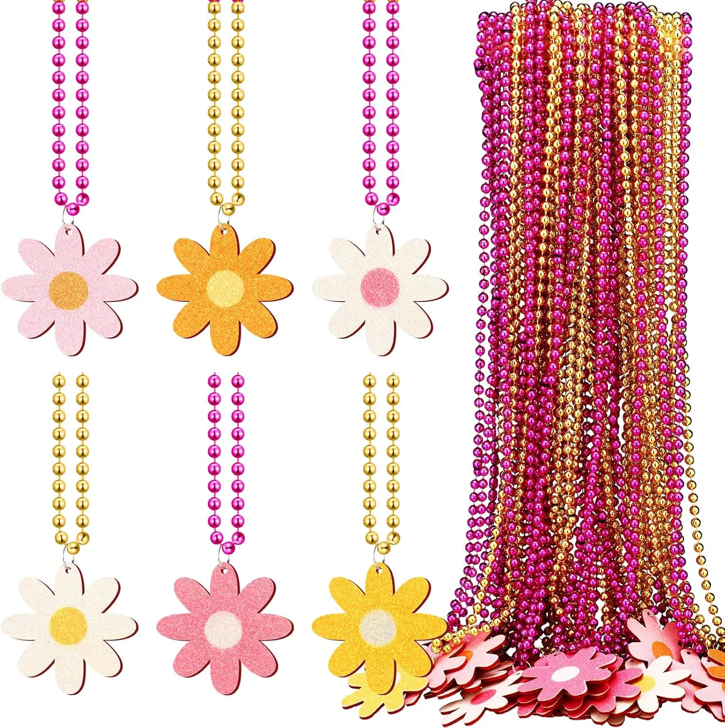 36 Pcs Groovy Party Favors Hippie Beaded Necklaces Daisy Flower Necklaces Bulk Long Beads Pendants Hippie Jewelry Gifts for Woman Man