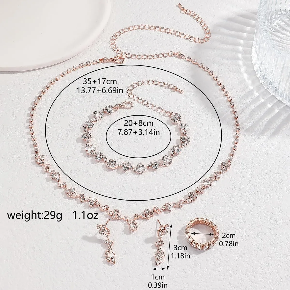 4PCS Prom Jewelry Earrings Necklaces Bracelets Rings Sets Prom Jewelry Sets for Women Elegant Crystal Necklaces Earrings Rings Bracelets Bridal Wedding Party Jewelry Prom Costume Accessories