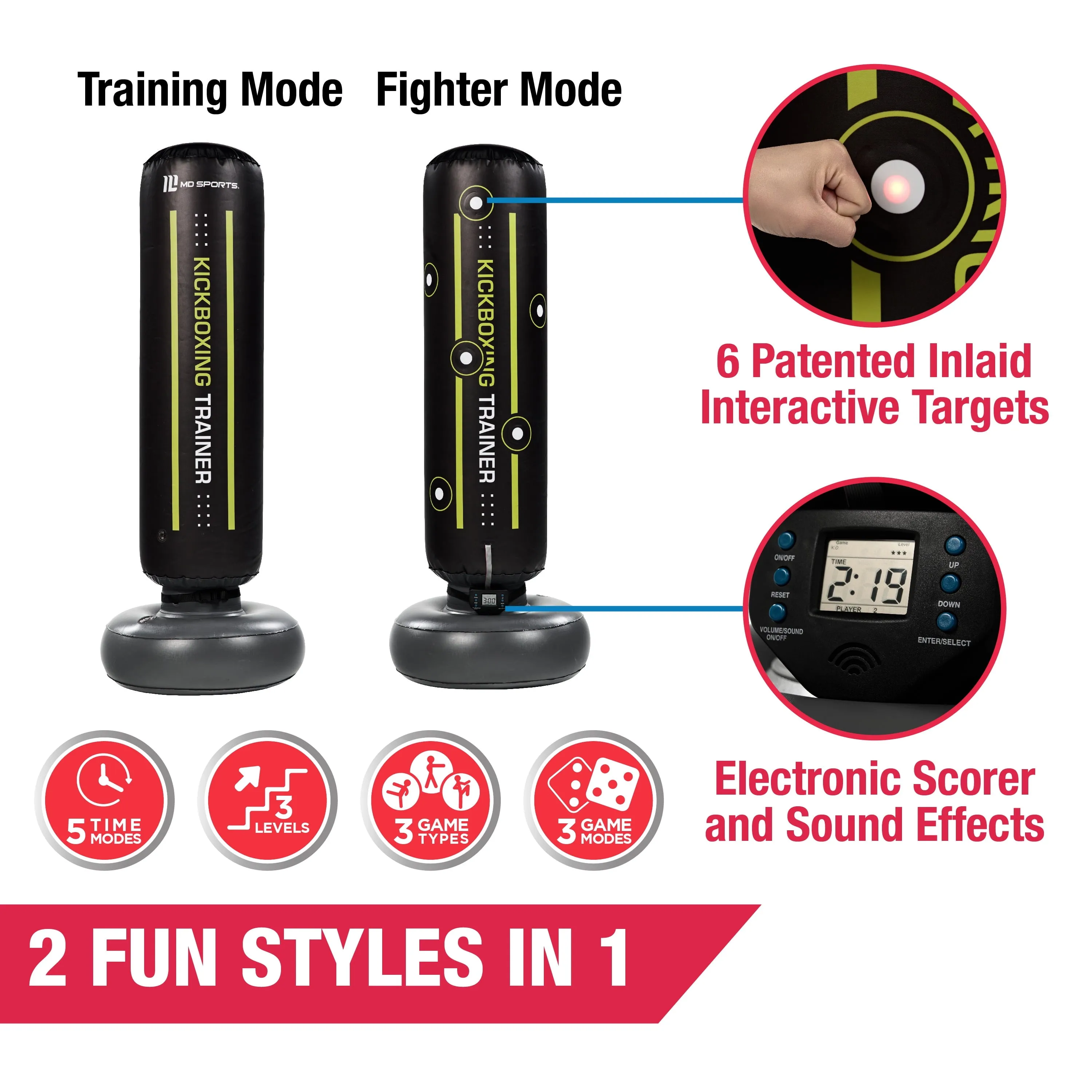 70" Inflatable Kickboxing Trainer, 6 Interactive Targets, Black/Yellow, by MD Sports