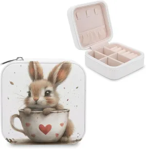 A Hare Sits in A Large Cup, A Heart Is Drawn on The Cup Travel Jewelry Case,cartoon Small Jewelry Box Jewelry Organizer Portable PU Leather Mini Jewelry Case for Girls Womens Earring Necklace Rings Br