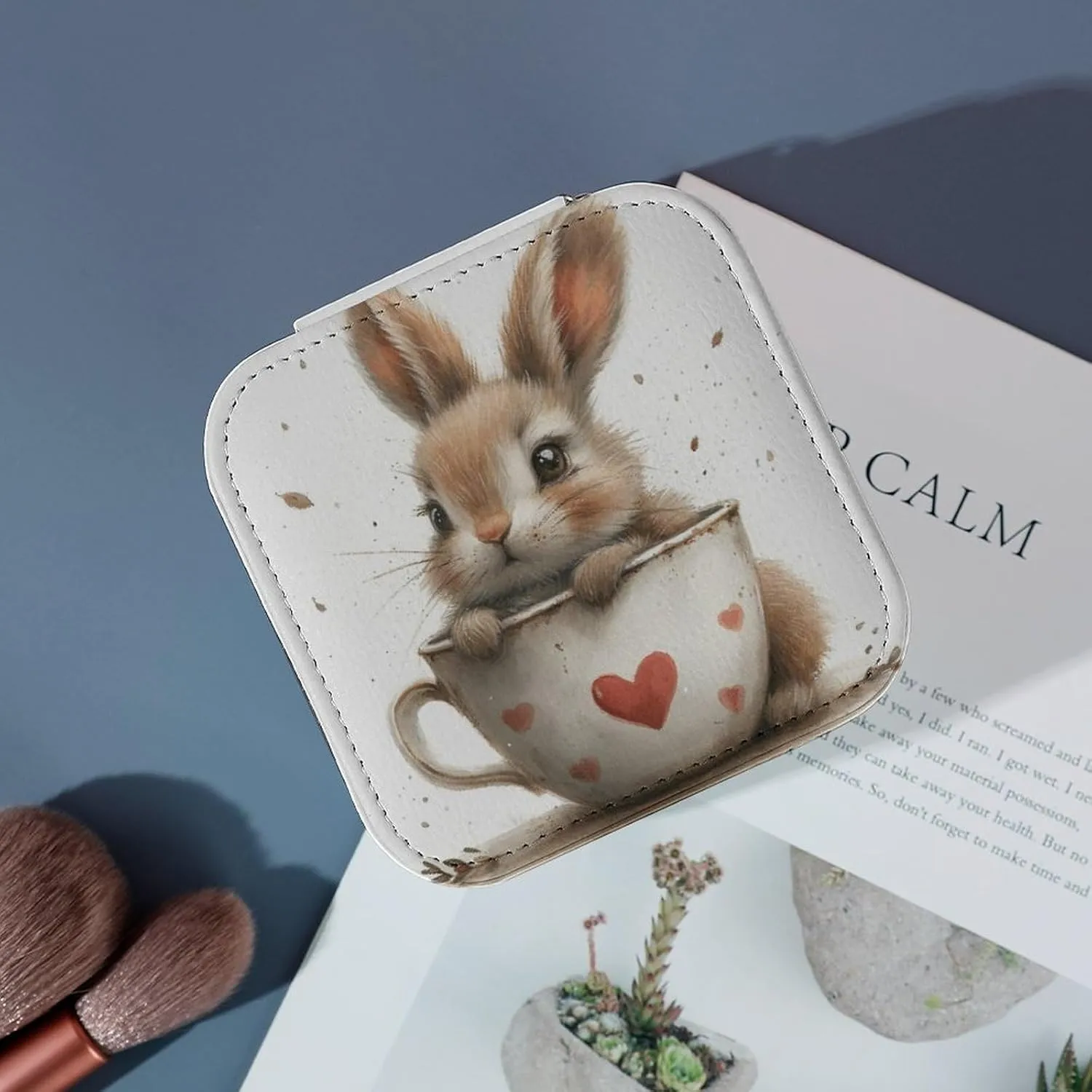A Hare Sits in A Large Cup, A Heart Is Drawn on The Cup Travel Jewelry Case,cartoon Small Jewelry Box Jewelry Organizer Portable PU Leather Mini Jewelry Case for Girls Womens Earring Necklace Rings Br