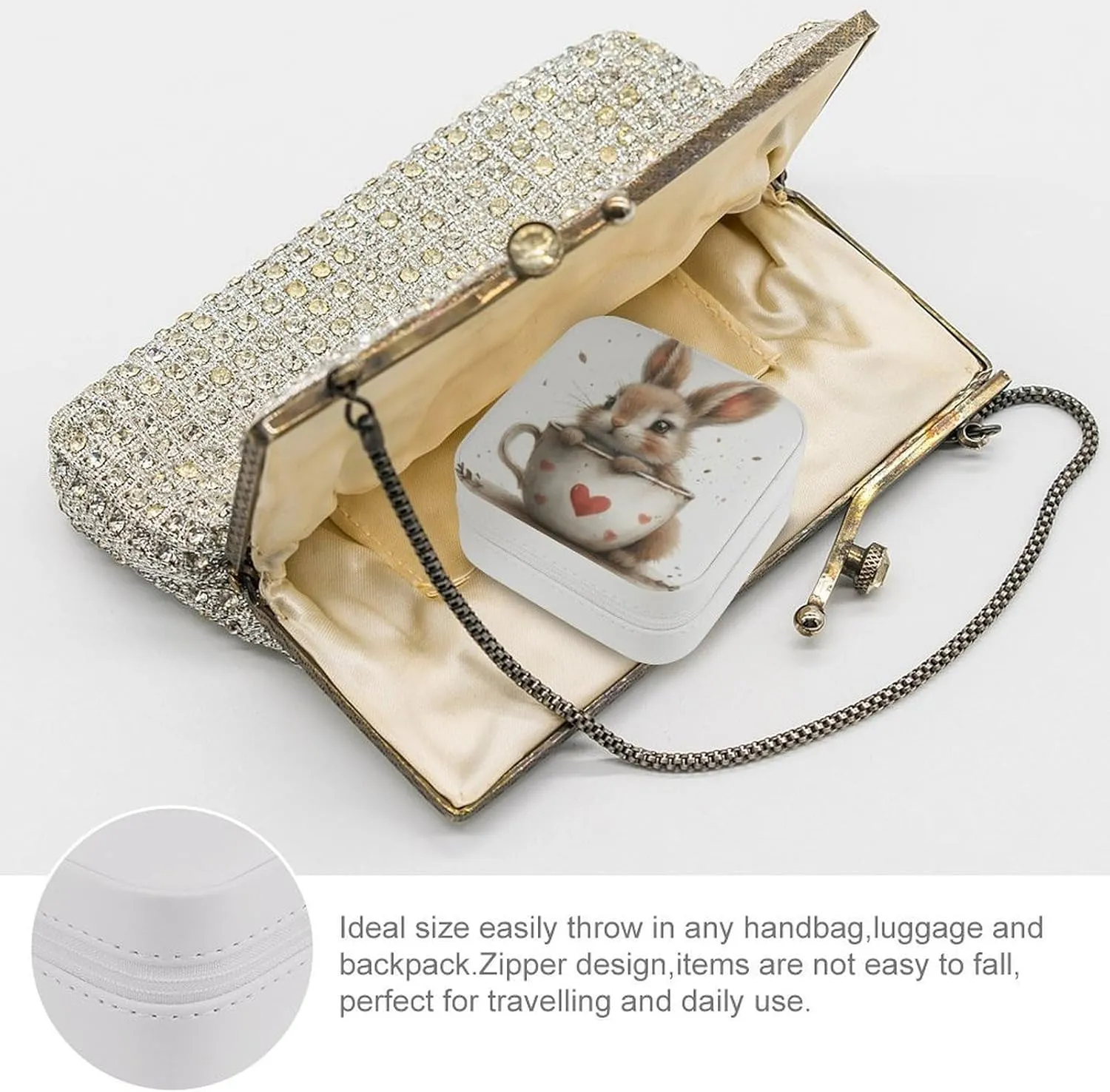 A Hare Sits in A Large Cup, A Heart Is Drawn on The Cup Travel Jewelry Case,cartoon Small Jewelry Box Jewelry Organizer Portable PU Leather Mini Jewelry Case for Girls Womens Earring Necklace Rings Br