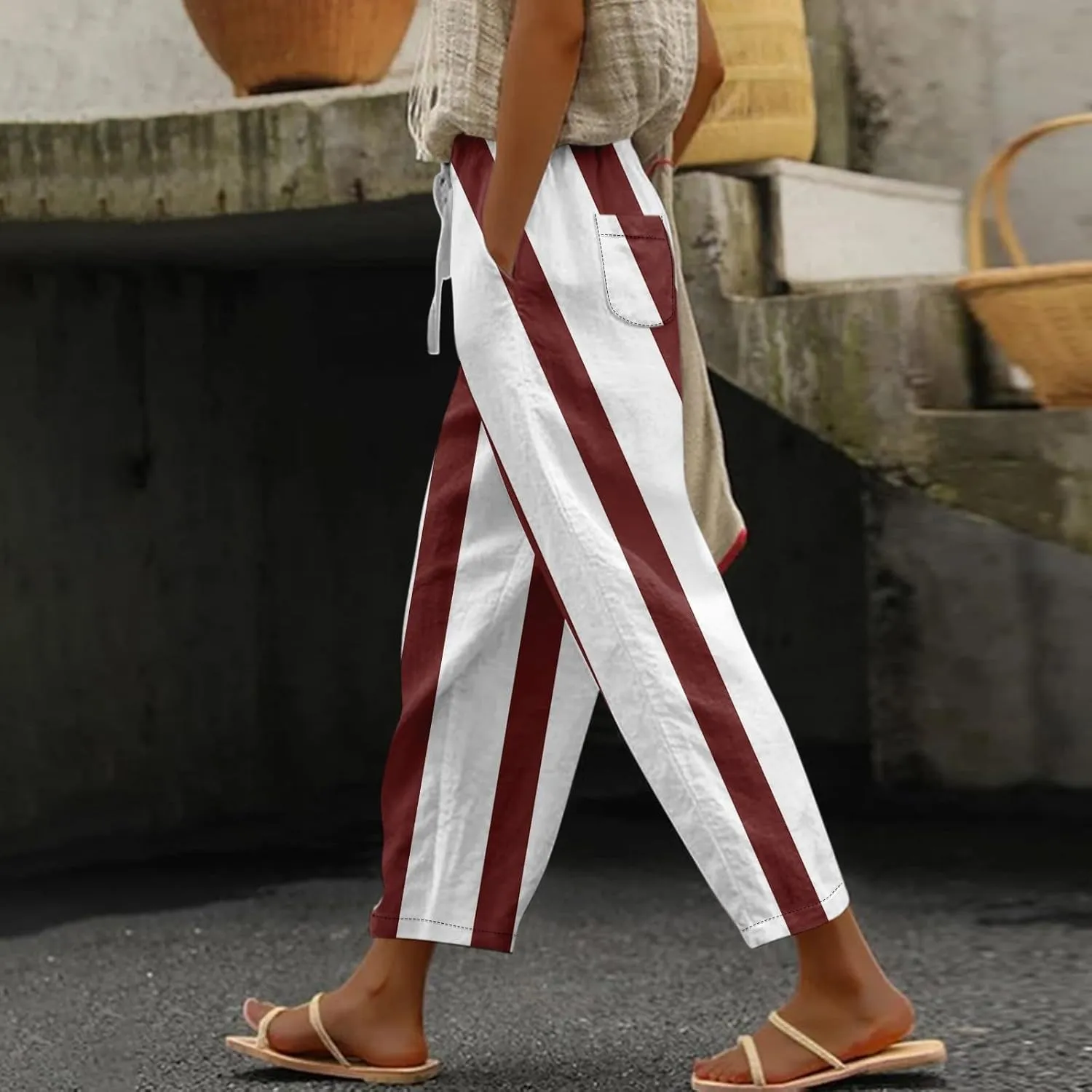 ADHOWBEW Plus Size Capri Pants for Women Dressy Flowy High Waist Casual Cotton Lounge Trendy Summer Bottoms with Pockets