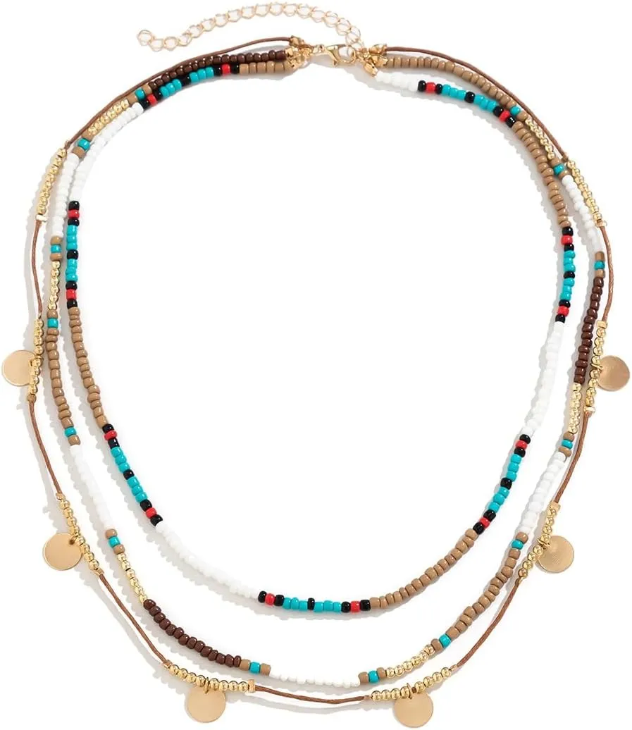 ALEXTINA Boho Beaded Choker Necklace Multi Layered Necklaces for Women Star Necklace Coin Necklace