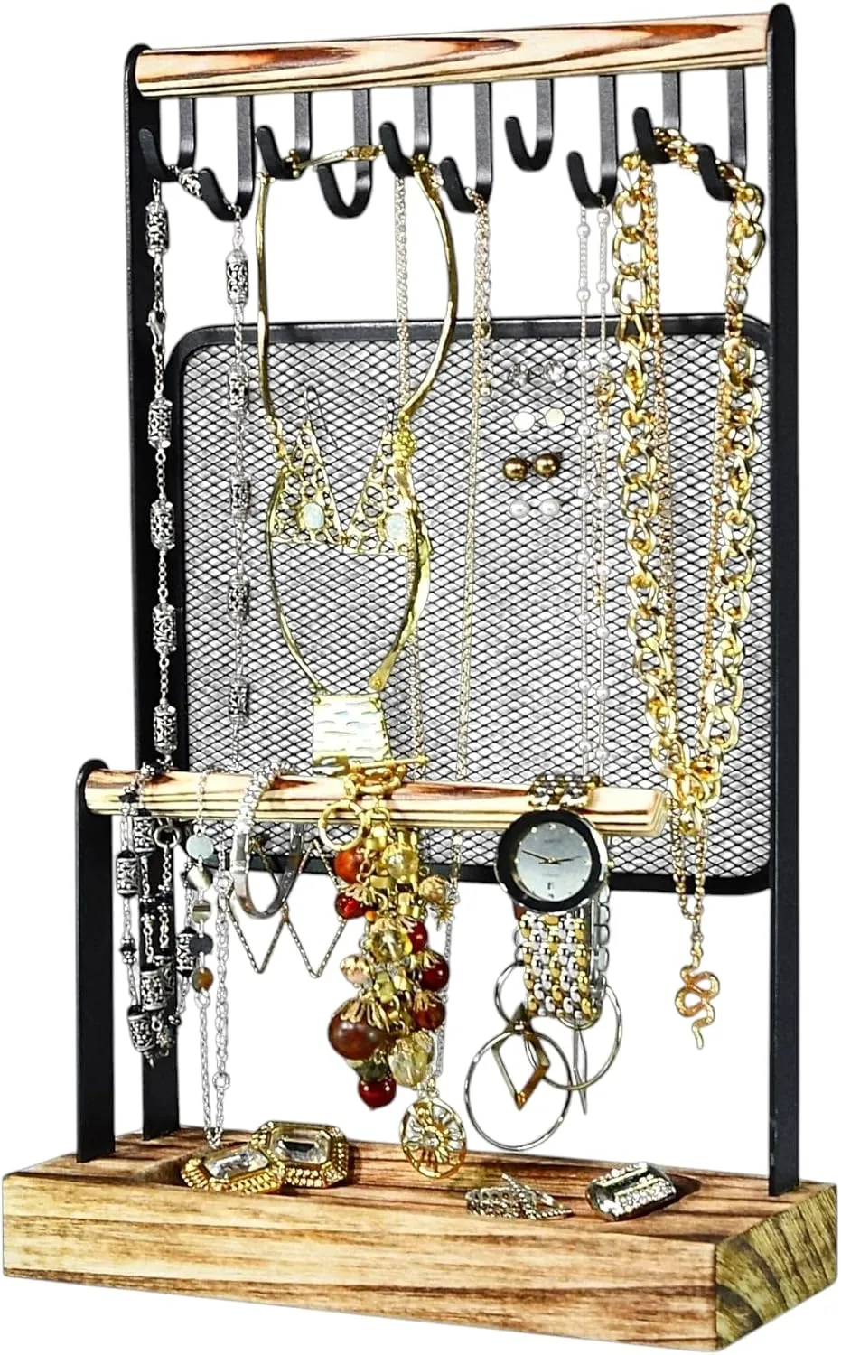 AMT Jewelry Organizer Stand, Extra Tall Jewelry Necklace Holder Jewelry Holder, Adjustable Height Organizer Display & Storage for Earrings Ring Bracelet (Carbonized Black & Black, 10 Hooks- Mesh)