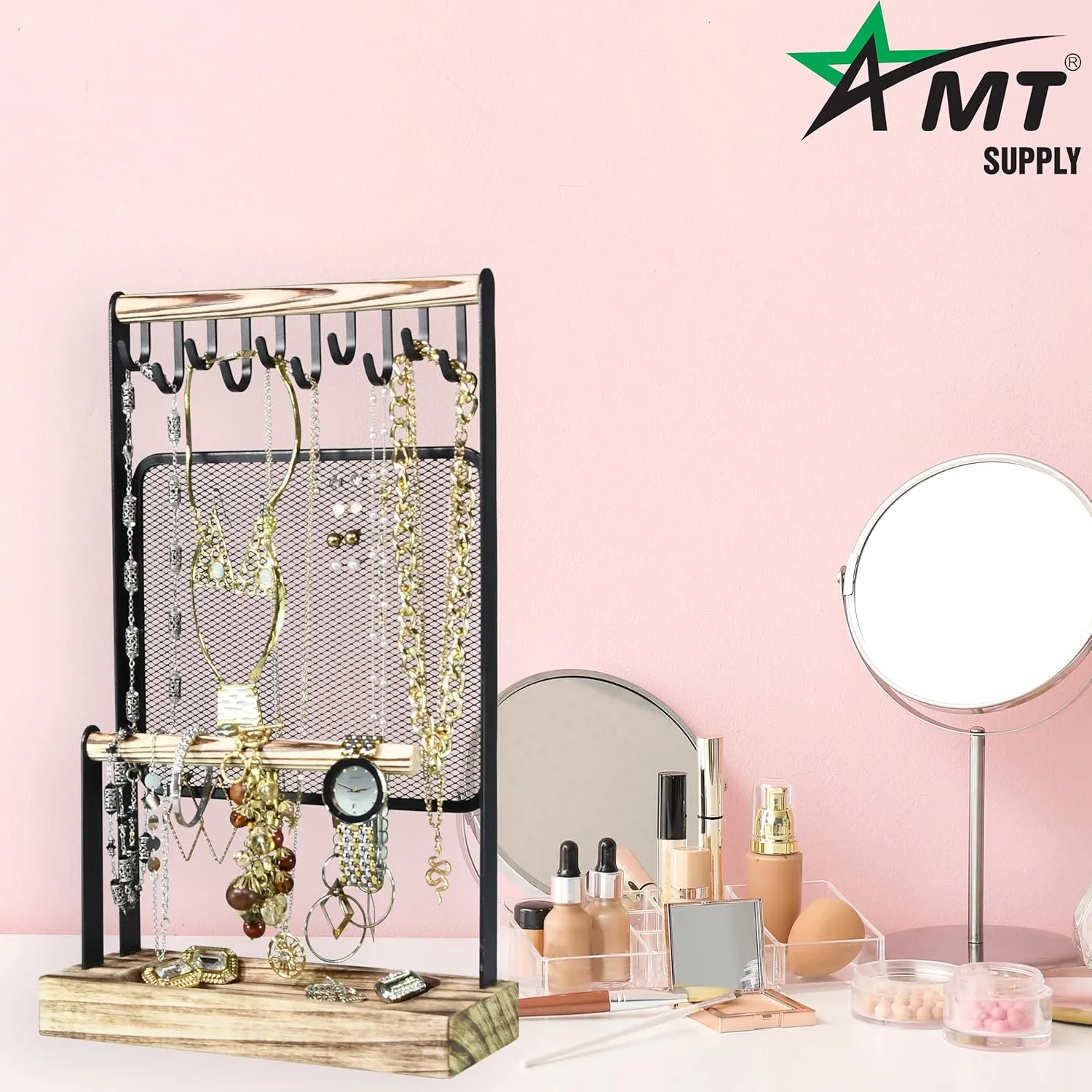 AMT Jewelry Organizer Stand, Extra Tall Jewelry Necklace Holder Jewelry Holder, Adjustable Height Organizer Display & Storage for Earrings Ring Bracelet (Carbonized Black & Black, 10 Hooks- Mesh)