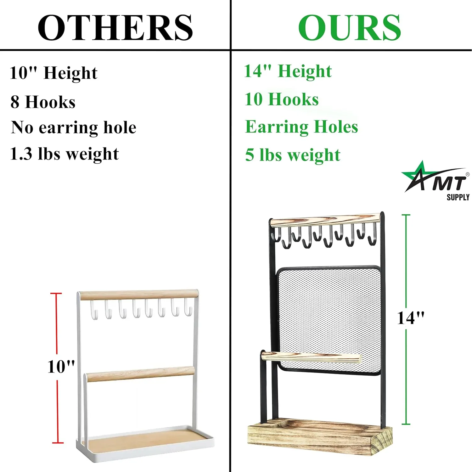 AMT Jewelry Organizer Stand, Extra Tall Jewelry Necklace Holder Jewelry Holder, Adjustable Height Organizer Display & Storage for Earrings Ring Bracelet (Carbonized Black & Black, 10 Hooks- Mesh)