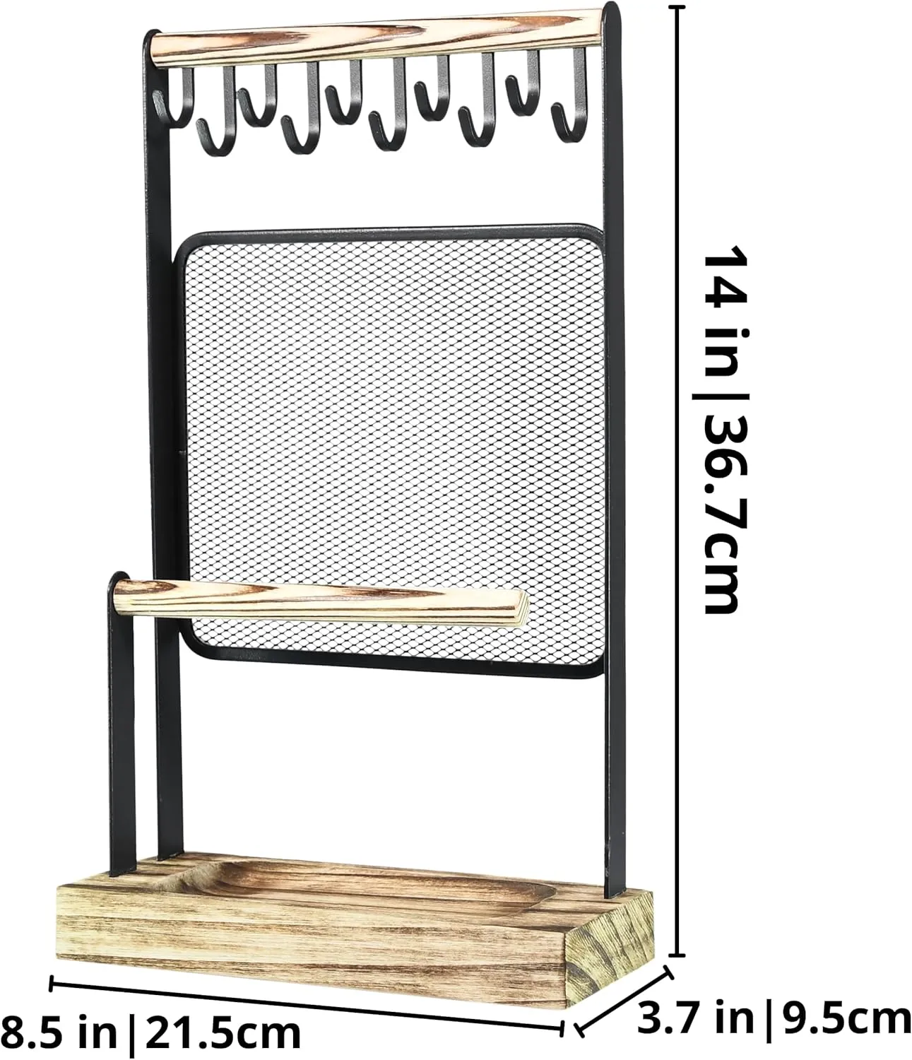 AMT Jewelry Organizer Stand, Extra Tall Jewelry Necklace Holder Jewelry Holder, Adjustable Height Organizer Display & Storage for Earrings Ring Bracelet (Carbonized Black & Black, 10 Hooks- Mesh)