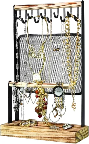 AMT Jewelry Organizer Stand, Extra Tall Jewelry Necklace Holder Jewelry Holder, Adjustable Height Organizer Display & Storage for Earrings Ring Bracelet (Carbonized Black & Black, 10 Hooks- Mesh)