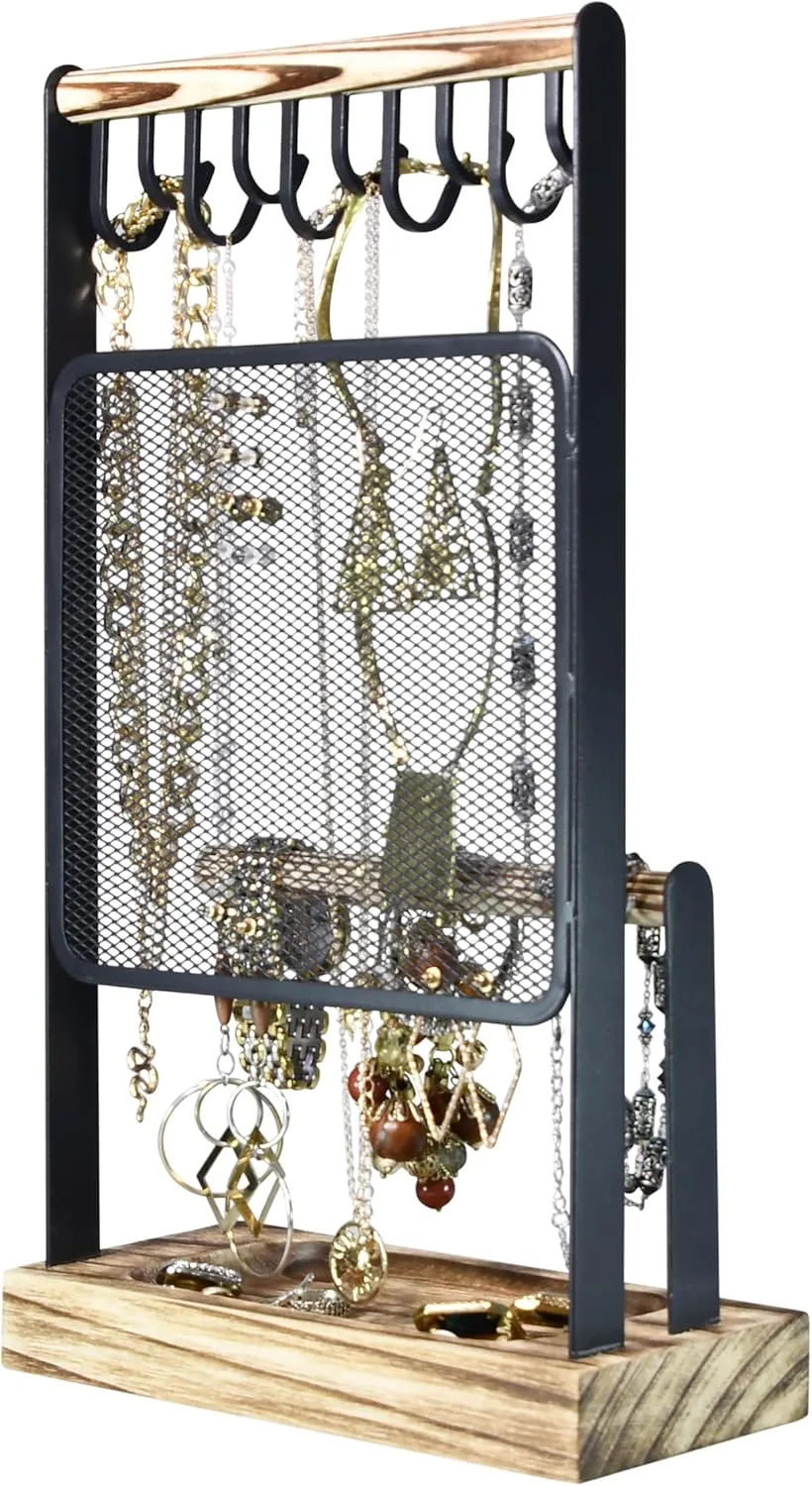 AMT Jewelry Organizer Stand, Extra Tall Jewelry Necklace Holder Jewelry Holder, Adjustable Height Organizer Display & Storage for Earrings Ring Bracelet (Carbonized Black & Black, 10 Hooks- Mesh)