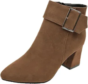 Ankle Boots for Women, Metal Buckle Pointed Toe Suede Chunky Block High Heels Ankle Boots With Side Zip Short Boots