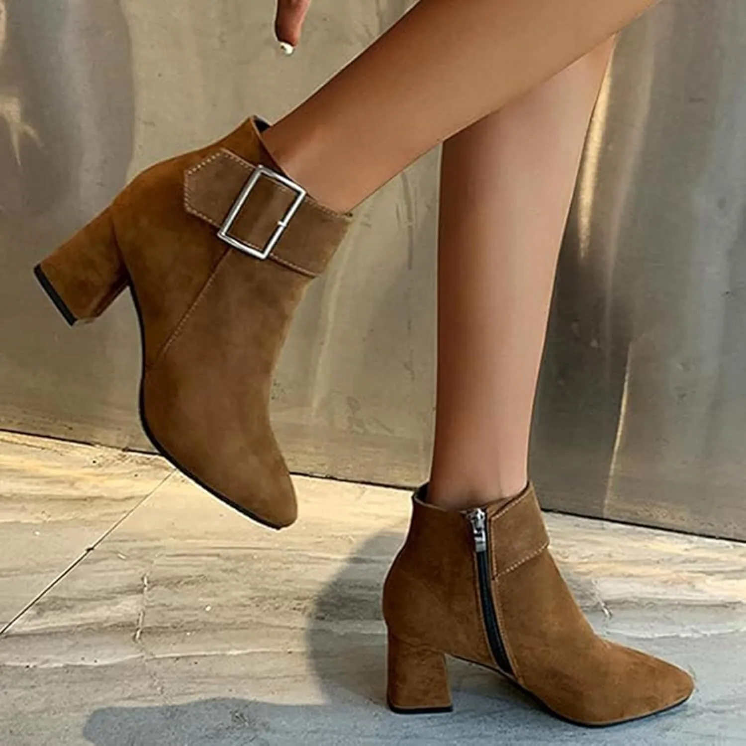 Ankle Boots for Women, Metal Buckle Pointed Toe Suede Chunky Block High Heels Ankle Boots With Side Zip Short Boots