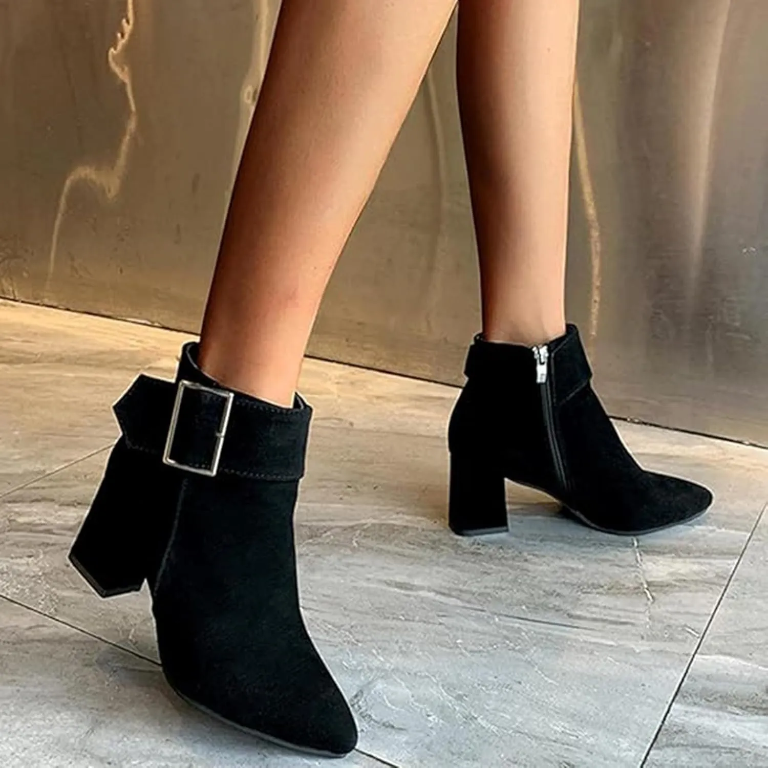 Ankle Boots for Women, Metal Buckle Pointed Toe Suede Chunky Block High Heels Ankle Boots With Side Zip Short Boots