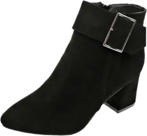 Ankle Boots for Women, Metal Buckle Pointed Toe Suede Chunky Block High Heels Ankle Boots With Side Zip Short Boots