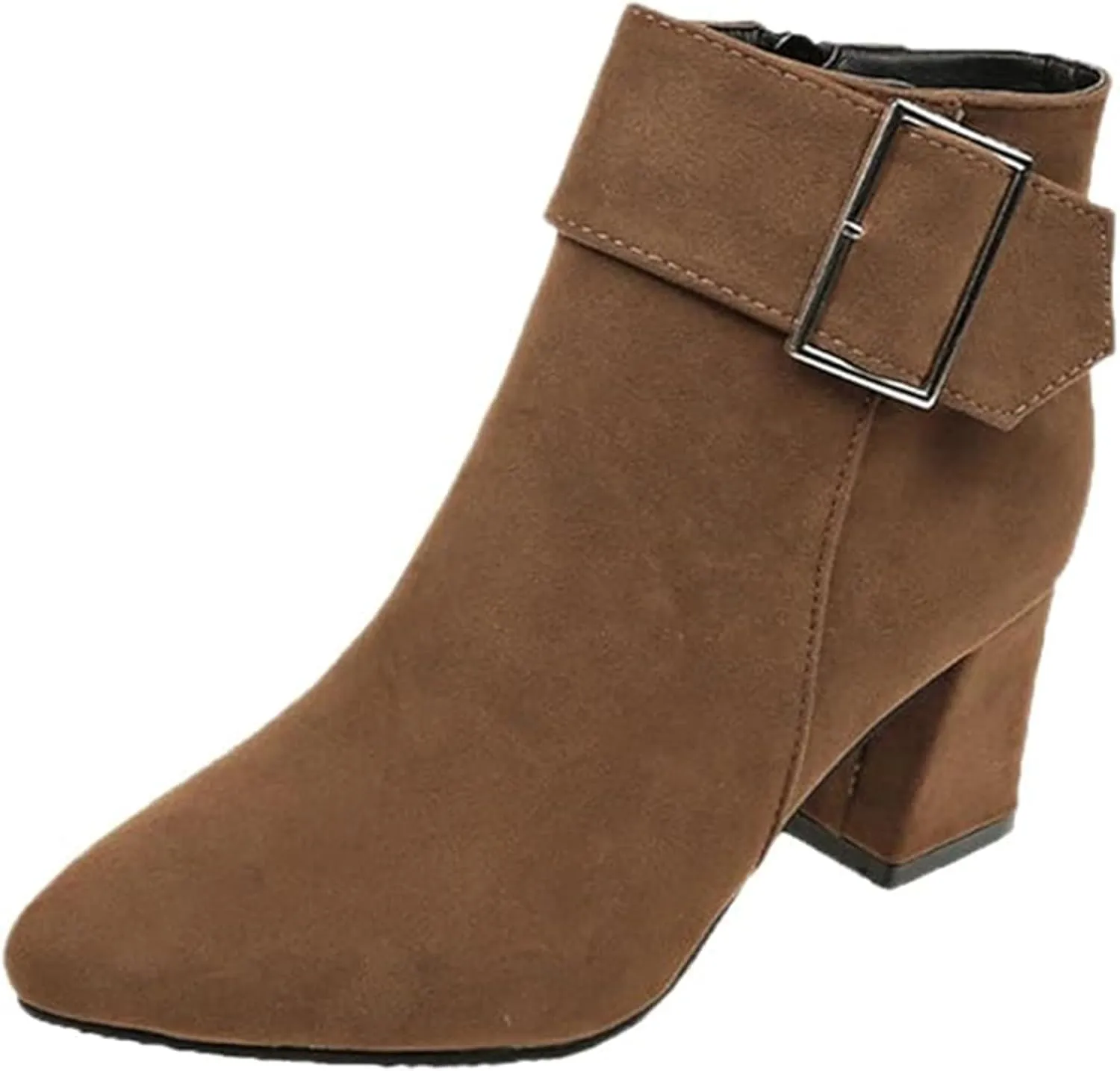 Ankle Boots for Women, Metal Buckle Pointed Toe Suede Chunky Block High Heels Ankle Boots With Side Zip Short Boots