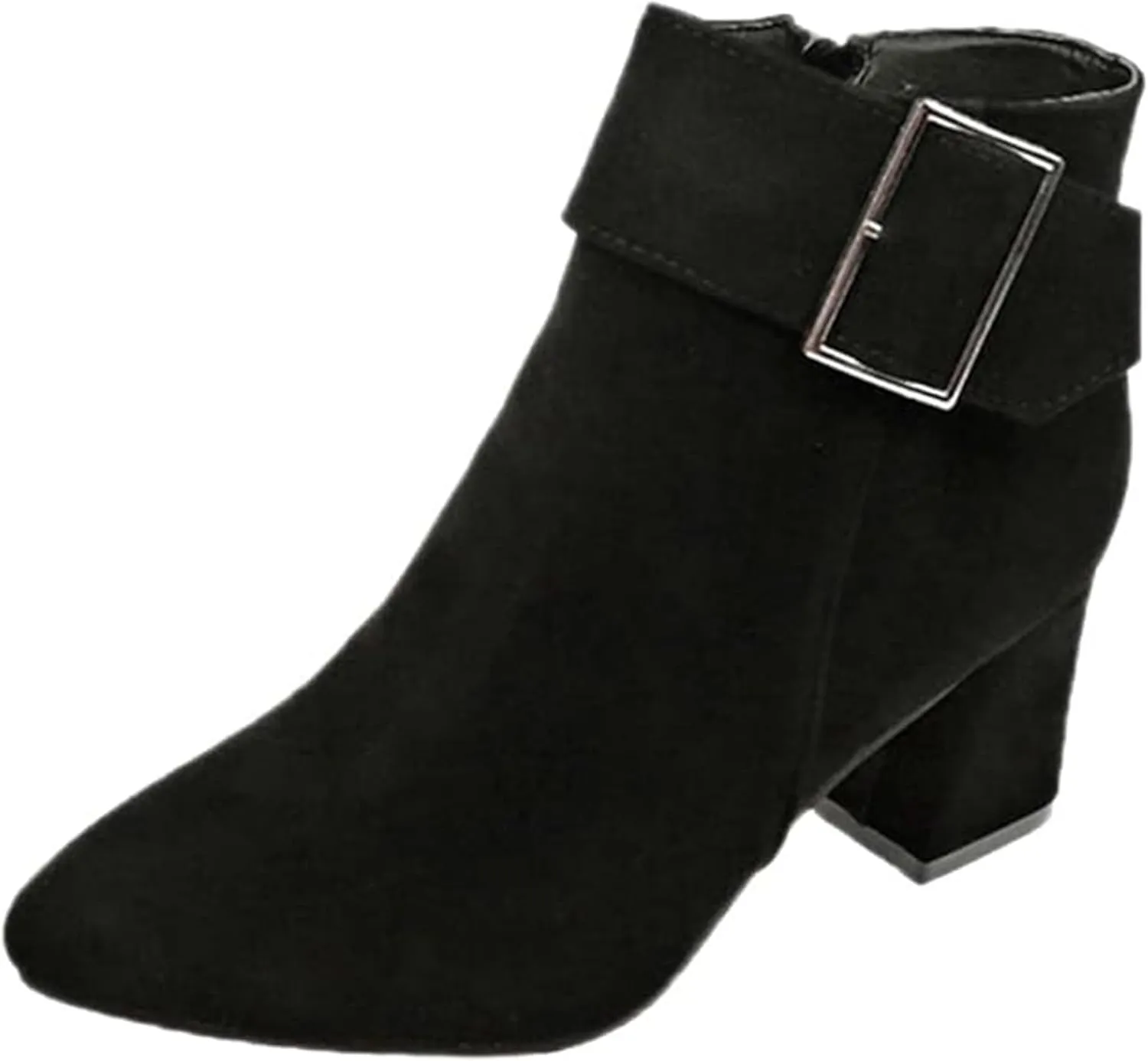 Ankle Boots for Women, Metal Buckle Pointed Toe Suede Chunky Block High Heels Ankle Boots With Side Zip Short Boots
