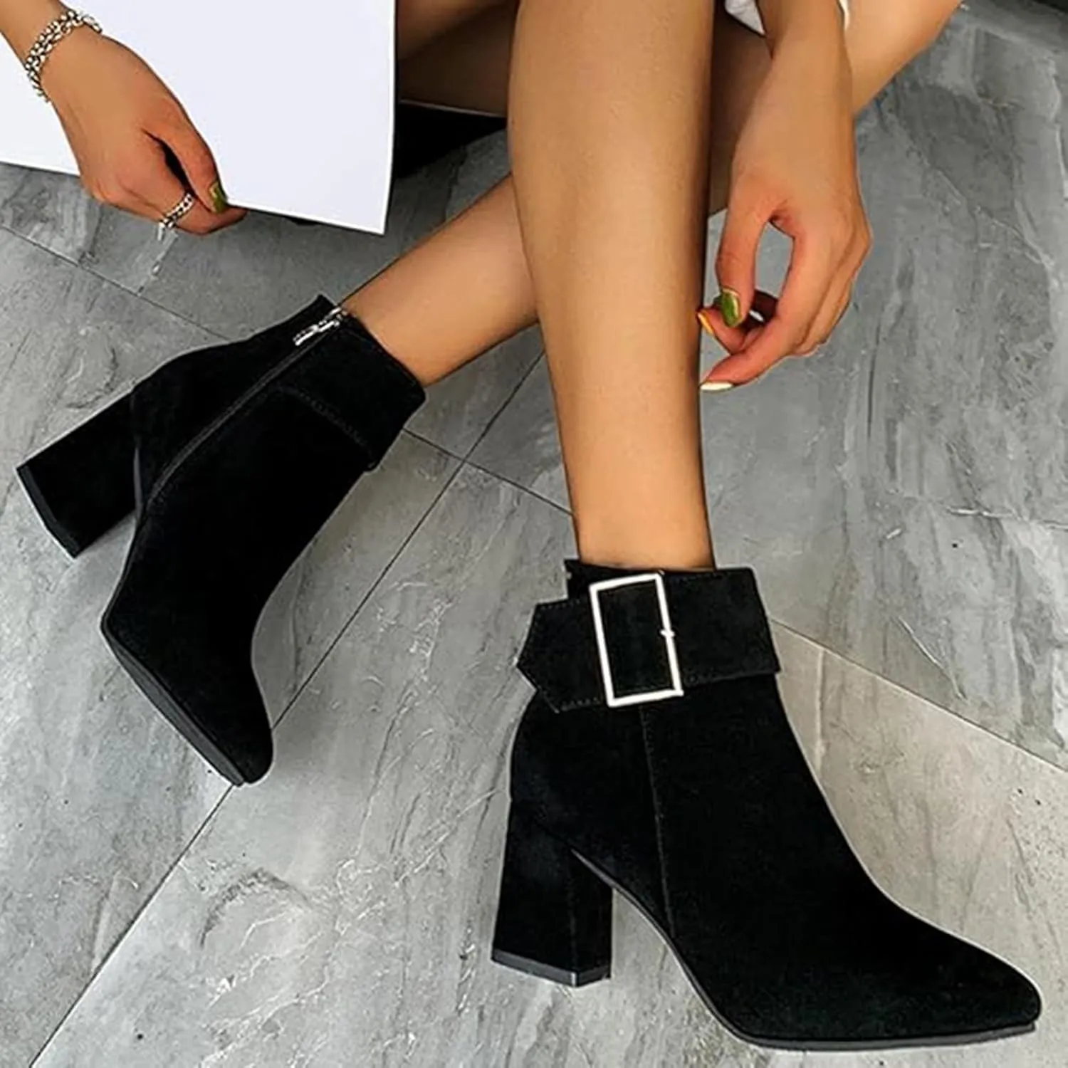 Ankle Boots for Women, Metal Buckle Pointed Toe Suede Chunky Block High Heels Ankle Boots With Side Zip Short Boots