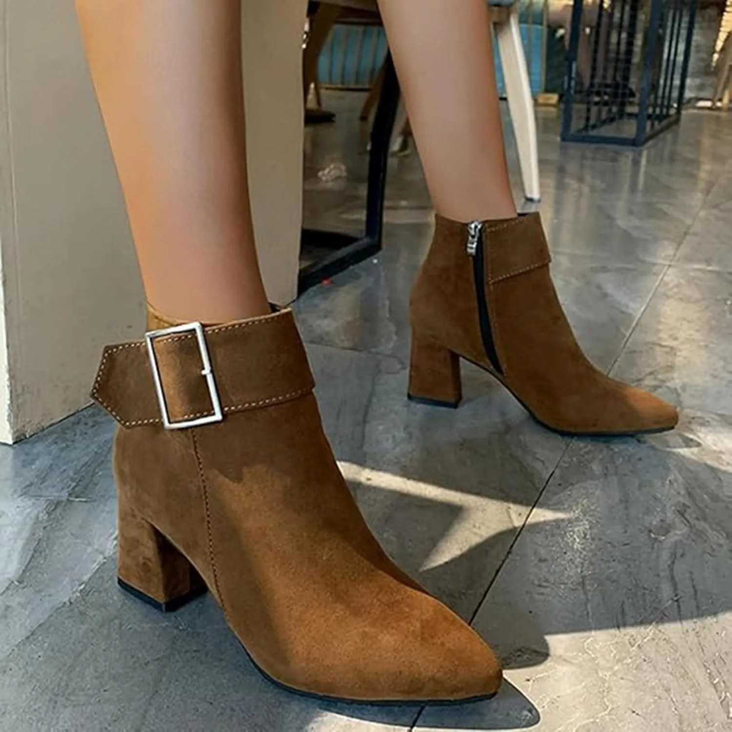 Ankle Boots for Women, Metal Buckle Pointed Toe Suede Chunky Block High Heels Ankle Boots With Side Zip Short Boots