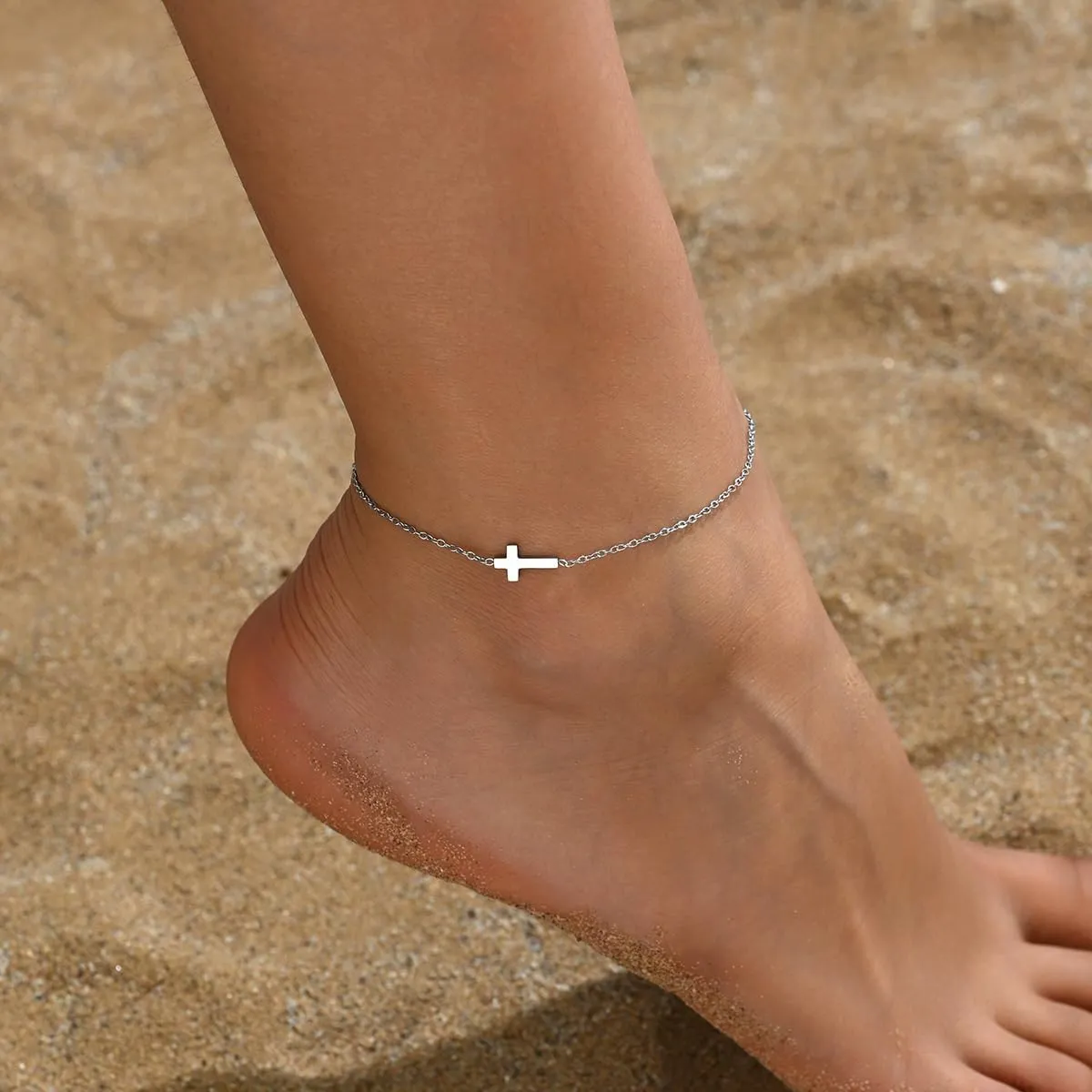 Ankle Bracelets for Women 18K Gold Plated Dainty Waterproof Cross Anklets Pearl Beaded Link Chain Anklet for Women Non Tarnish Summer Beach Foot Jewelry