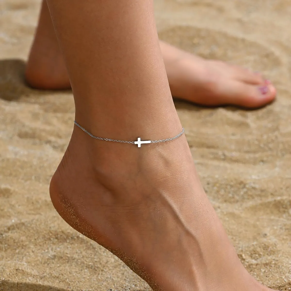 Ankle Bracelets for Women 18K Gold Plated Dainty Waterproof Cross Anklets Pearl Beaded Link Chain Anklet for Women Non Tarnish Summer Beach Foot Jewelry