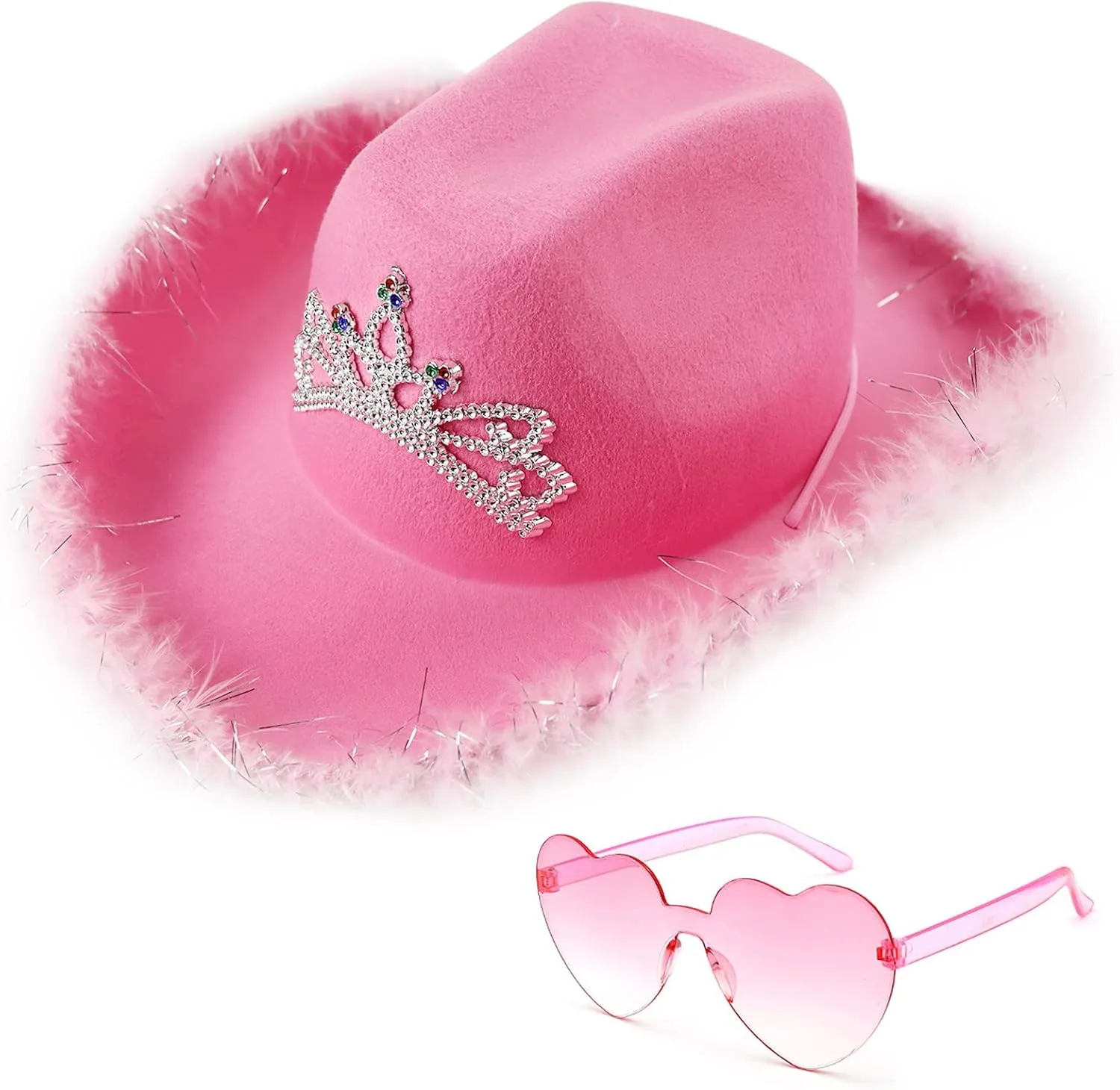 AoMoon Pink Cowgirl Hat with Heart Shaped Sunglasses Crown Tiara Cowgirl Hat for Women Party Pink Cowboy Hat for Girls