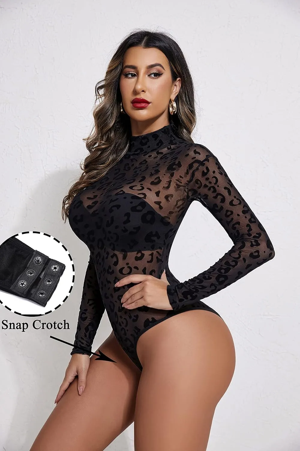 Avidlove Long Sleeve Bodysuit for Women Turtleneck Sheer Mesh Bodysuit Geo Print Leotards