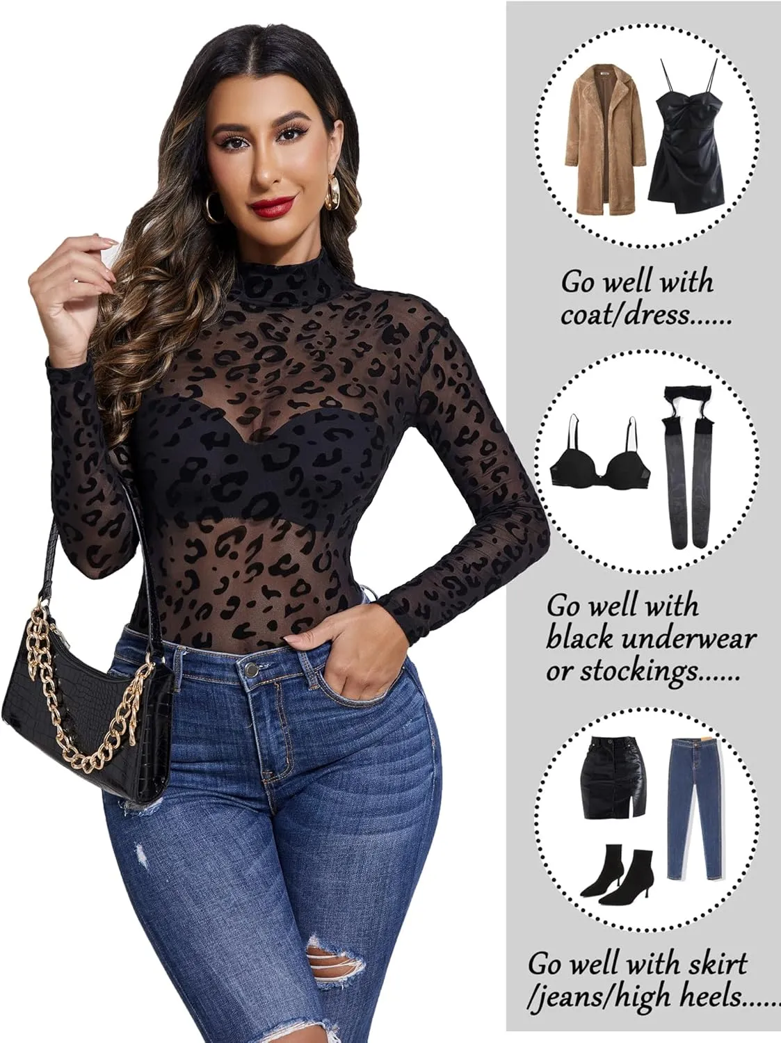 Avidlove Long Sleeve Bodysuit for Women Turtleneck Sheer Mesh Bodysuit Geo Print Leotards
