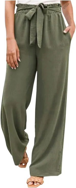 Baggy Flare Pants for Women Cotton Linen Palazzo Pants Drawstring High Waisted Yoga Pants Pockets Summer Comfort Color Pants