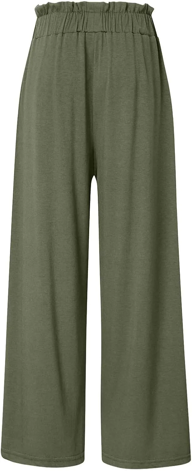 Baggy Flare Pants for Women Cotton Linen Palazzo Pants Drawstring High Waisted Yoga Pants Pockets Summer Comfort Color Pants
