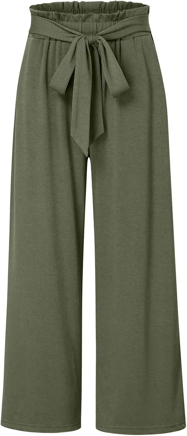 Baggy Flare Pants for Women Cotton Linen Palazzo Pants Drawstring High Waisted Yoga Pants Pockets Summer Comfort Color Pants