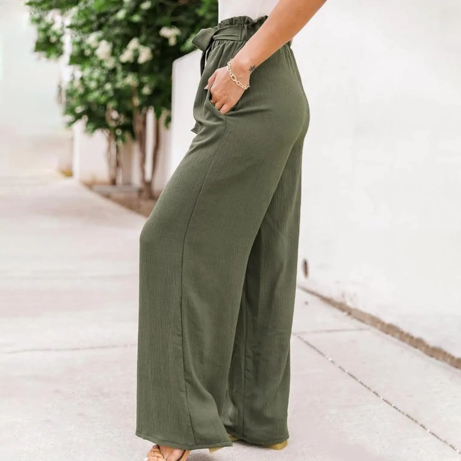 Baggy Flare Pants for Women Cotton Linen Palazzo Pants Drawstring High Waisted Yoga Pants Pockets Summer Comfort Color Pants