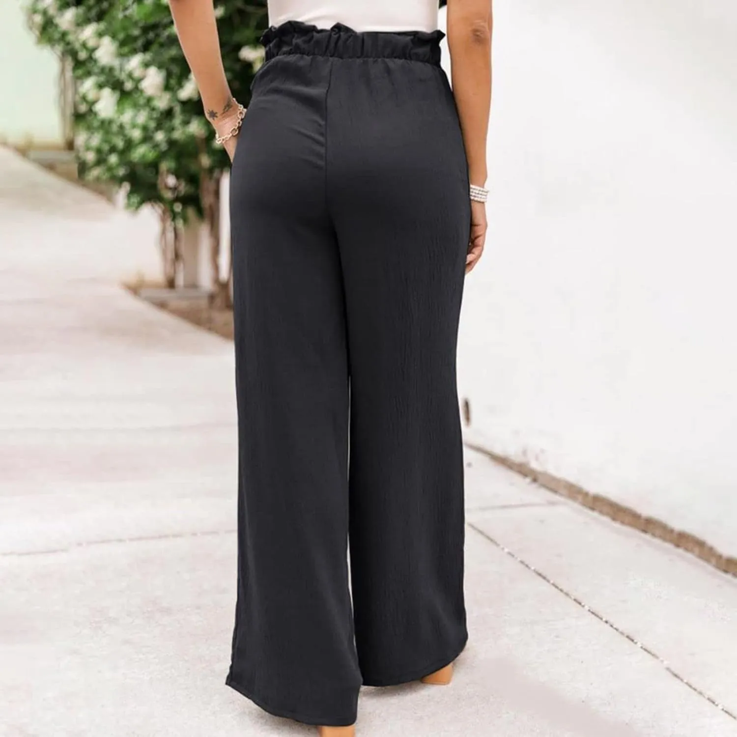 Baggy Flare Pants for Women Cotton Linen Palazzo Pants Drawstring High Waisted Yoga Pants Pockets Summer Comfort Color Pants