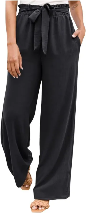 Baggy Flare Pants for Women Cotton Linen Palazzo Pants Drawstring High Waisted Yoga Pants Pockets Summer Comfort Color Pants