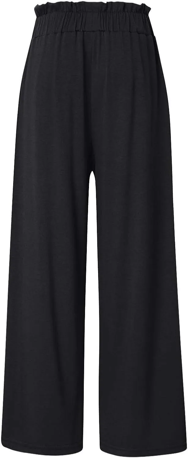 Baggy Flare Pants for Women Cotton Linen Palazzo Pants Drawstring High Waisted Yoga Pants Pockets Summer Comfort Color Pants