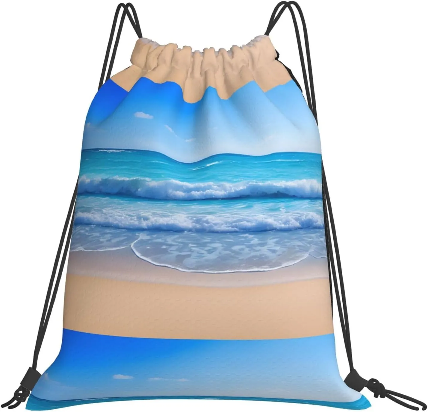 (Beach And Sea) Drawstring Backpack Drawstring Gym Bag Foldable Water Drawstring Bags Draw String Back Bag For Shopping Sport Yoga Travel, Swimming, Beach, White