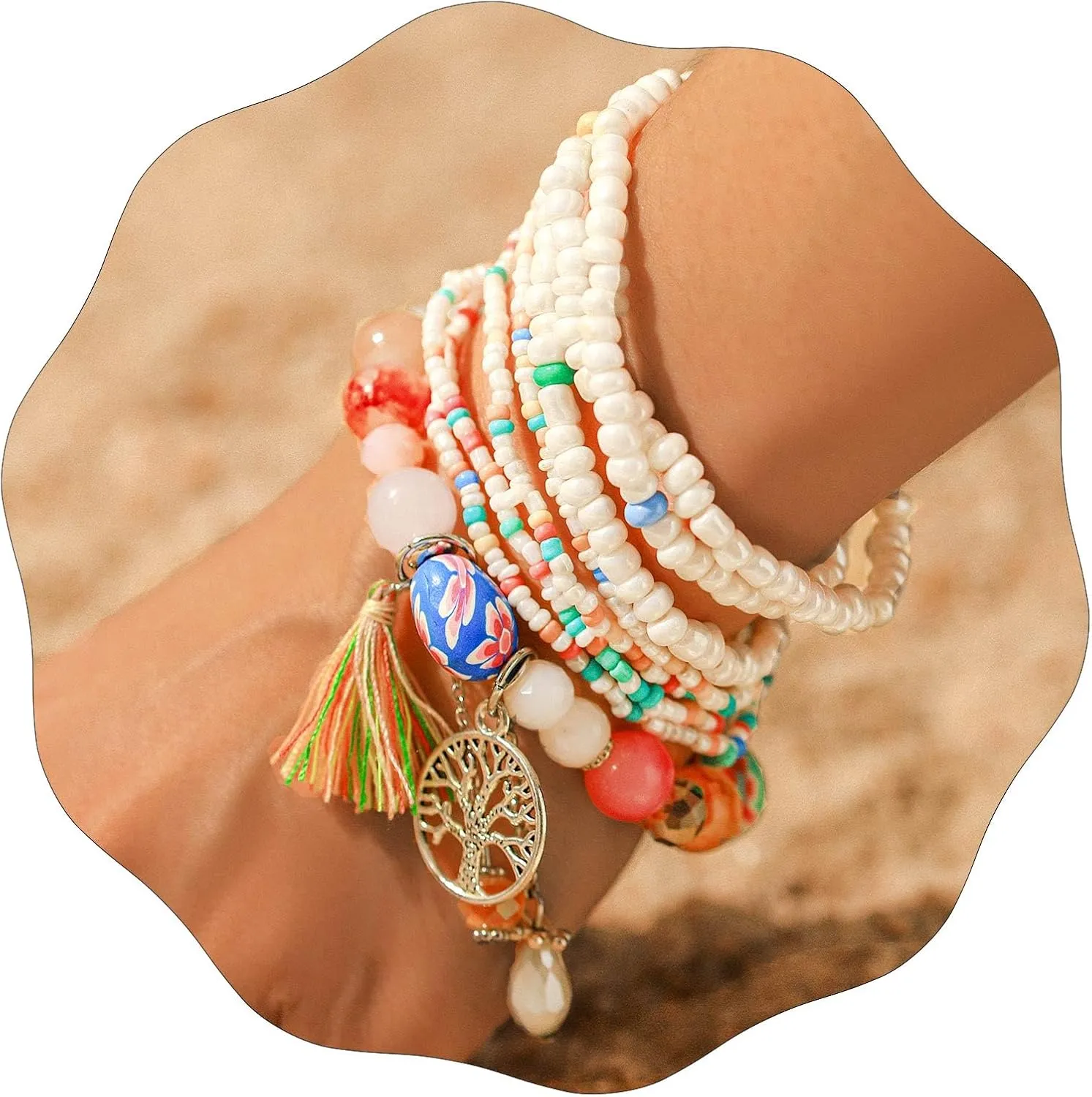 Beaded Anklets Bracelets Boho Handmade Turtle Starfish Whelk Shell Tree of Life String Ankle Bracelet Summer Beach Waterproof Barefoot Sandals Foot Jewelry for Women