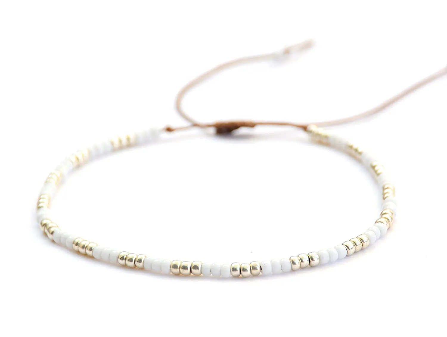 Beaded String Bracelet for Women Teens and Girls, White and Silver Adjustable Thin Beads Bracelets, Boho Bohemian Hippie Indian Native American Style, Handmade Jewelry By Tribes (White silver)