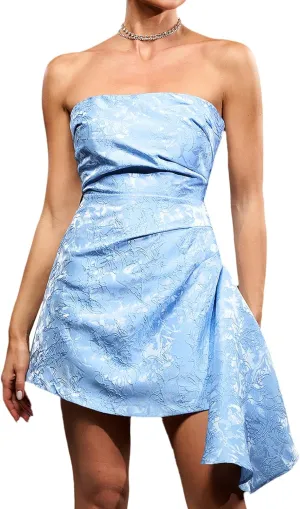 BELLA BARNETT Mini Strapless Dress Blue Floral Dress Ruched Backless Dress Ruffle Tube Dress