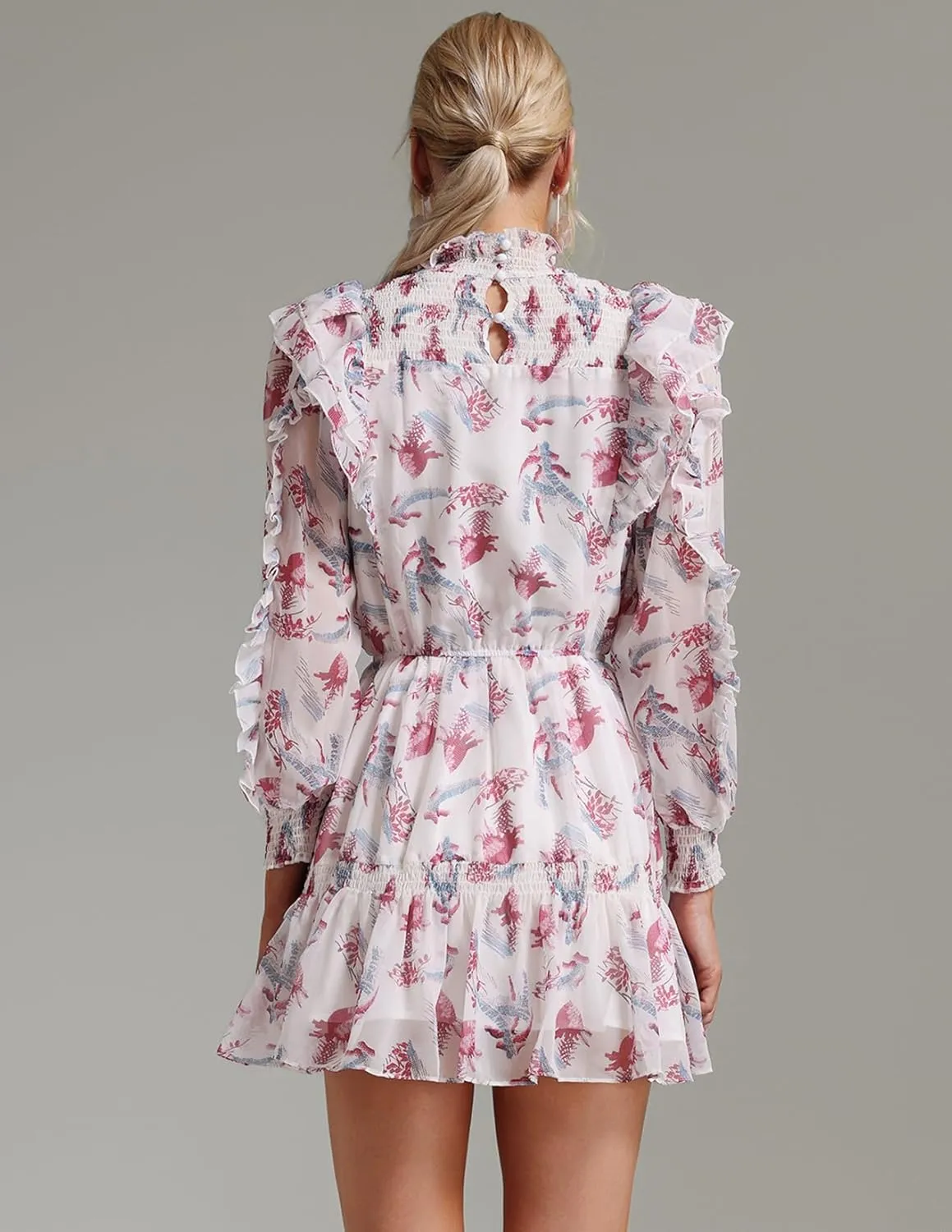 BELLA BARNETT White Ruffle Dress Mini Tea Party Dress Mock Neck Long Sleeve Dress Tulle Dress Floral Dress