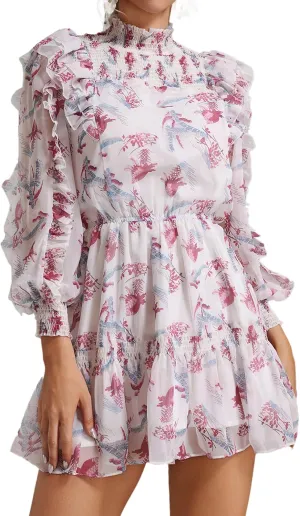 BELLA BARNETT White Ruffle Dress Mini Tea Party Dress Mock Neck Long Sleeve Dress Tulle Dress Floral Dress